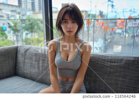 Beautiful girl wearing a grey tank top Beautiful girl wearing a grey tank top 118564246