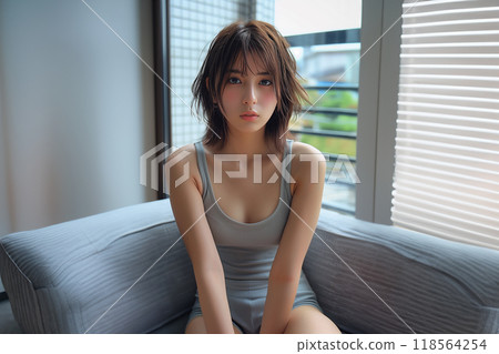 Beautiful girl wearing a grey tank top 118564254