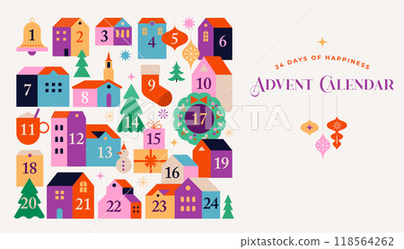 Merry Christmas, Advent Calendar. Concept design with Christmas village, decorations, gifts and Merry Christmas, Advent Calendar. Concept design with Christmas village, decorations, gifts and 118564262