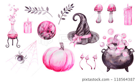 Set of Halloween elements. Black cauldron with potion, poisonous mushrooms, fly agaric, witch hat, pink pumpkin, spider on web, candles Esoteric attribute of a witch, sorcerer. Watercolor clip art 118564387