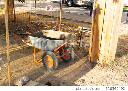 cart tool site metal background wheel industrial equipment barrow dirty construction wheelbarrow concrete cart tool site metal background wheel industrial equipment barrow dirty construction wheelbarrow concrete 118564492