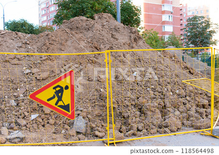 sewage hole water construction sign trench heap ground drainage underground dig work pipe sewage hole water construction sign trench heap ground drainage underground dig work pipe 118564498