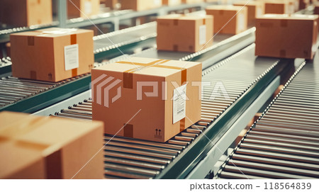 Futuristic automated package sorting system with cardboard boxes 118564839