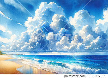 Watercolor painting of summer sea, beach, blue sky and clouds 118565118