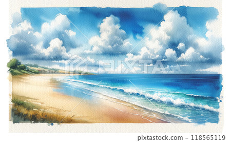 Watercolor illustration of a summer beach with blue sky, clouds and sea 118565119