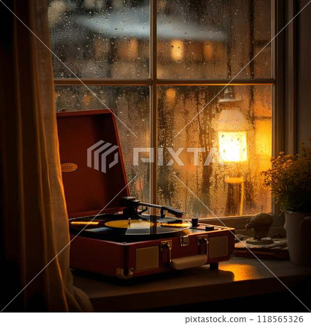 雨窗邊放置的電唱機 118565326