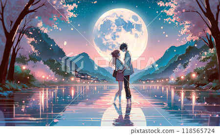 美麗的男人和女人與閃亮的滿月風景 118565724