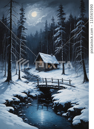 Oil painting of wintry landscape with cozy snow covered log cabin and wooden bridge over creek among gloomy fir forest at moonlight winter night. No people digital art illustration of secluded place. 118565990