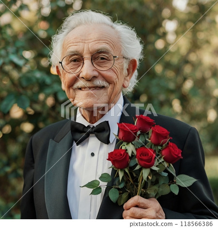 Elderly groom holding roses 118566386