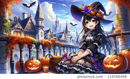 A woman in a black dress and a pumpkin dressed as Halloween costume 118566406