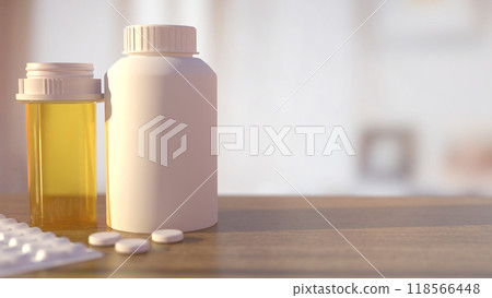 The medicine bottle on wood table for heath and sci concept 3d rendering. The medicine bottle on wood table for heath and sci concept 3d rendering. 118566448