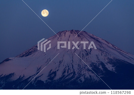 Mount Fuji and the full moon at dawn from Gotemba City, Shizuoka Prefecture 118567298