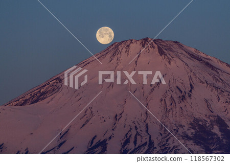靜岡縣禦殿場市黎明時分的富士山和滿月 118567302