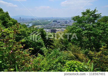 View of the enclosure and remaining stone walls of Yamazaki Castle, the turning point of Mount Tenno 118567401