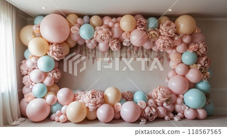 Wall decoration with pastel colored balloons and flowers 118567565