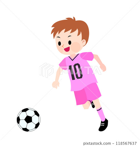 Illustration of a boy wearing a pink uniform playing soccer 118567637