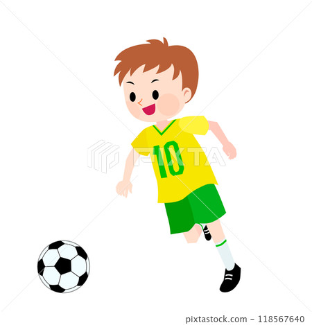 Illustration of a boy playing soccer wearing a yellow and green uniform 118567640