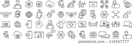 Vector monochrome DX line drawing icon set 118567777