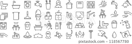 Vector monochrome bathroom line icon set Vector monochrome bathroom line icon set 118567780