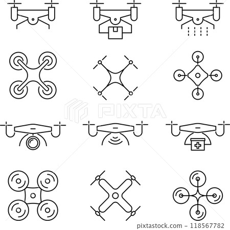單色無人機線繪圖圖示設定在向量中 單色無人機線繪圖圖示設定在向量中 118567782