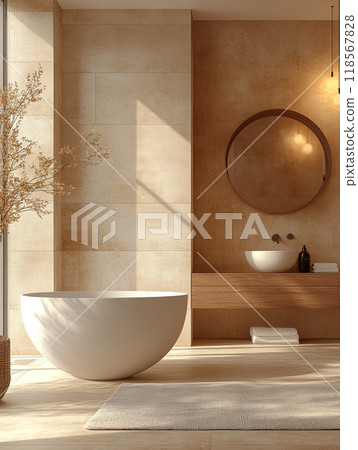 Minimalist bathroom with clean lines and neutral tones. 118567828