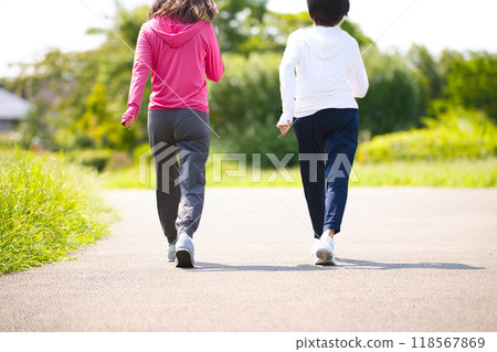 兩名穿著運動服行走的中年婦女的後視圖 118567869