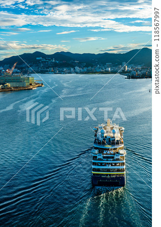 Cruise ship arriving at Nagasaki Port (National Geographic Resolution) from Megami Ohashi Bridge [Nagasaki City] 118567997