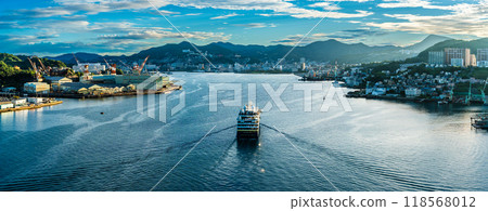 Cruise ship arriving at Nagasaki Port (National Geographic Resolution) Panorama from Megami Ohashi Bridge 118568012