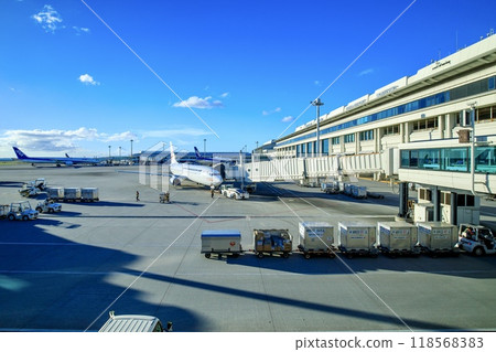A domestic passenger plane preparing to depart at Naha Airport in Naha City 118568383