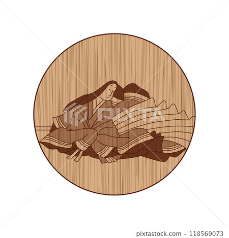 Circular wood carving of Hyakunin Isshu by Izumi Shikibu 118569073