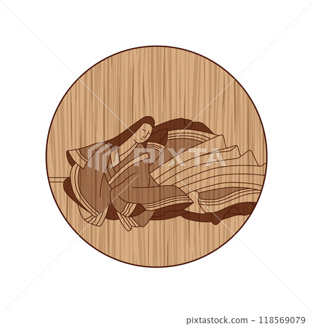 Wood carving of Hyakunin Isshu by Murasaki Shikibu Wood carving of Hyakunin Isshu by Murasaki Shikibu 118569079