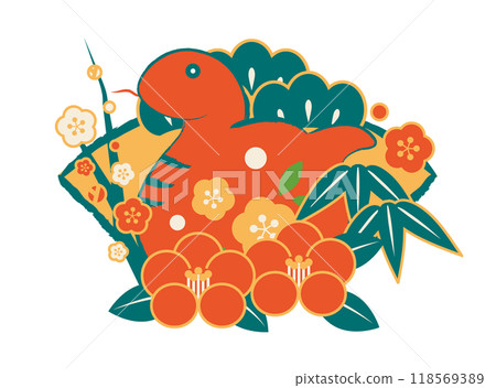 Snake Year New Year's card icon with pine, bamboo and plum on fan camellia, retro color, illustration, cute, red snake 118569389