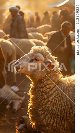 Warm Golden Sunlight Bathing Sheep and People at Livestock Market 118569825