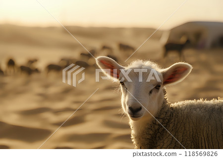Close-Up of Serene White Sheep in Golden Desert Environment Close-Up of Serene White Sheep in Golden Desert Environment 118569826
