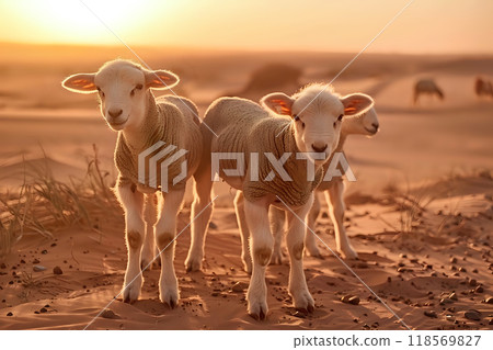 Two Young Lambs Standing in Desert Landscape Bathed in Warm Glow 118569827