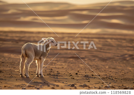 Lone Lamb Standing in Vast Desert Landscape Illuminated by Golden Light Lone Lamb Standing in Vast Desert Landscape Illuminated by Golden Light 118569828