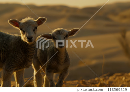 Two Young Lambs Engaging with Viewer in Desert Landscape at Sunrise 118569829