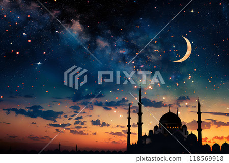 Serene Mosque Silhouette Under Starry Sky with Crescent Moon 118569918