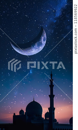 Mystical Night Sky with Crescent Moon Over Silhouetted Mosque 118569922