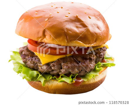 Delicious Cheeseburger with Fresh Ingredients Isolated on White Background 118570328