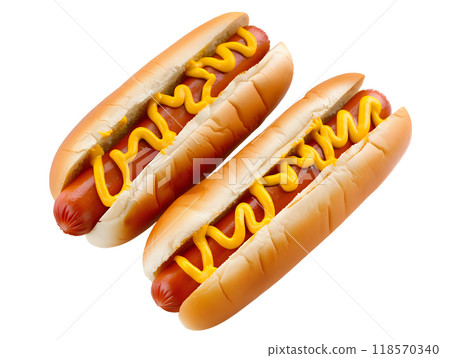 Two Delicious Hot Dogs with Mustard Isolated on Transparent Background 118570340