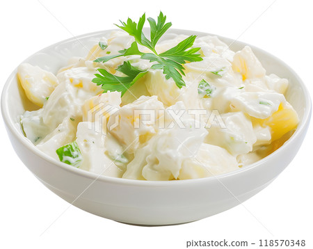 Creamy Potato Salad with Herbs in White Bowl Isolated on Transparent Background 118570348