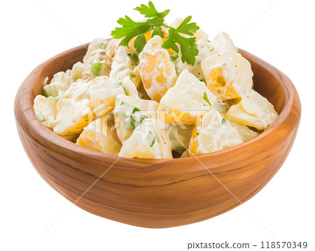 Rustic Potato Salad in Wooden Bowl Isolated on White Background Perfect for Food Advertisements 118570349