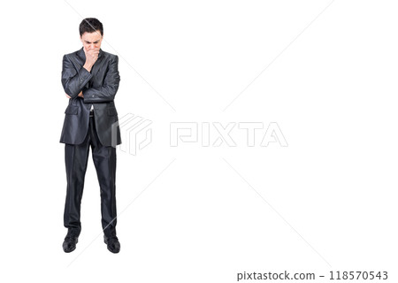 Preoccupied man in formal suit touching chin Preoccupied man in formal suit touching chin 118570543