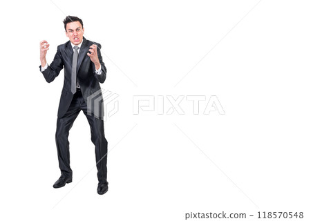 Hysterical businessman in suit in studio. White background. Hysterical businessman in suit in studio. White background. 118570548
