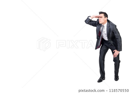 Concentrated man looking into distance. White background. 118570550