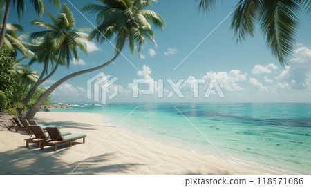 Idyllic beach scene featuring sun loungers under palm trees, inviting relaxation 118571086