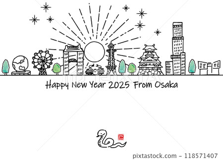 大阪府旅遊目的地手繪城市景觀2025新年賀卡 118571407