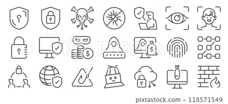 Cybersecurity icon set. It included hack, 2fa, data breach, biometric scan, and more icons. Editable Vector Stroke. 118571549