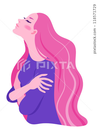 一個長髮女子閉著眼睛擁抱自己的側面 118571729